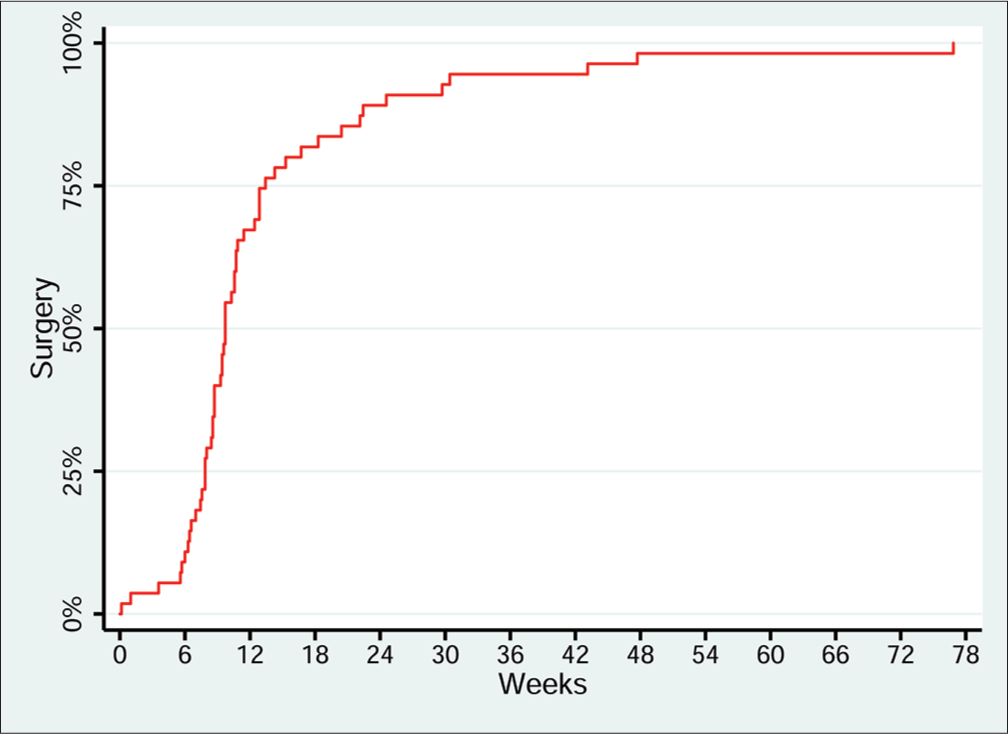 Lag time between percutaneous cholecystostomy and surgical cholecystectomy. Kaplan-Meier plot of time between percutaneous cholecystostomy and surgicalcholecystectomy, n = 55. Y axis demonstrates cumulative percentage of patients who have undergone surgical cholecystectomy. X axis demonstrates time in weeks from percutaneous cholecystostomy placement to surgery. Median time between percutaneous cholecystostomy and surgery is 68 days.