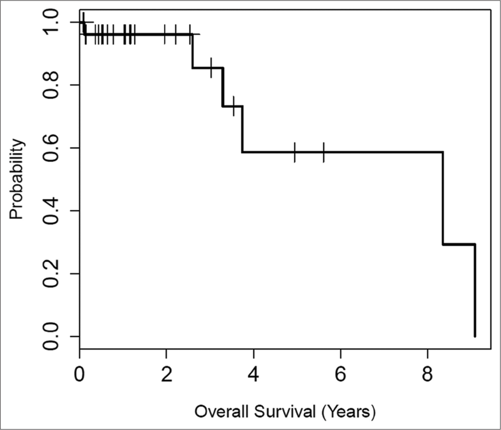 Kaplan–Meier plot of overall survival for patients with T1B or central renal tumors treated with combined embolization and thermal ablation. The median survival was 8.4 years. At 5 years, the overall survival estimate was 58.6%, with a corresponding 95% confidence interval of (32.6%, 100%). The overall survival reflects our elderly patient population. No death related to primary renal tumors was observed.